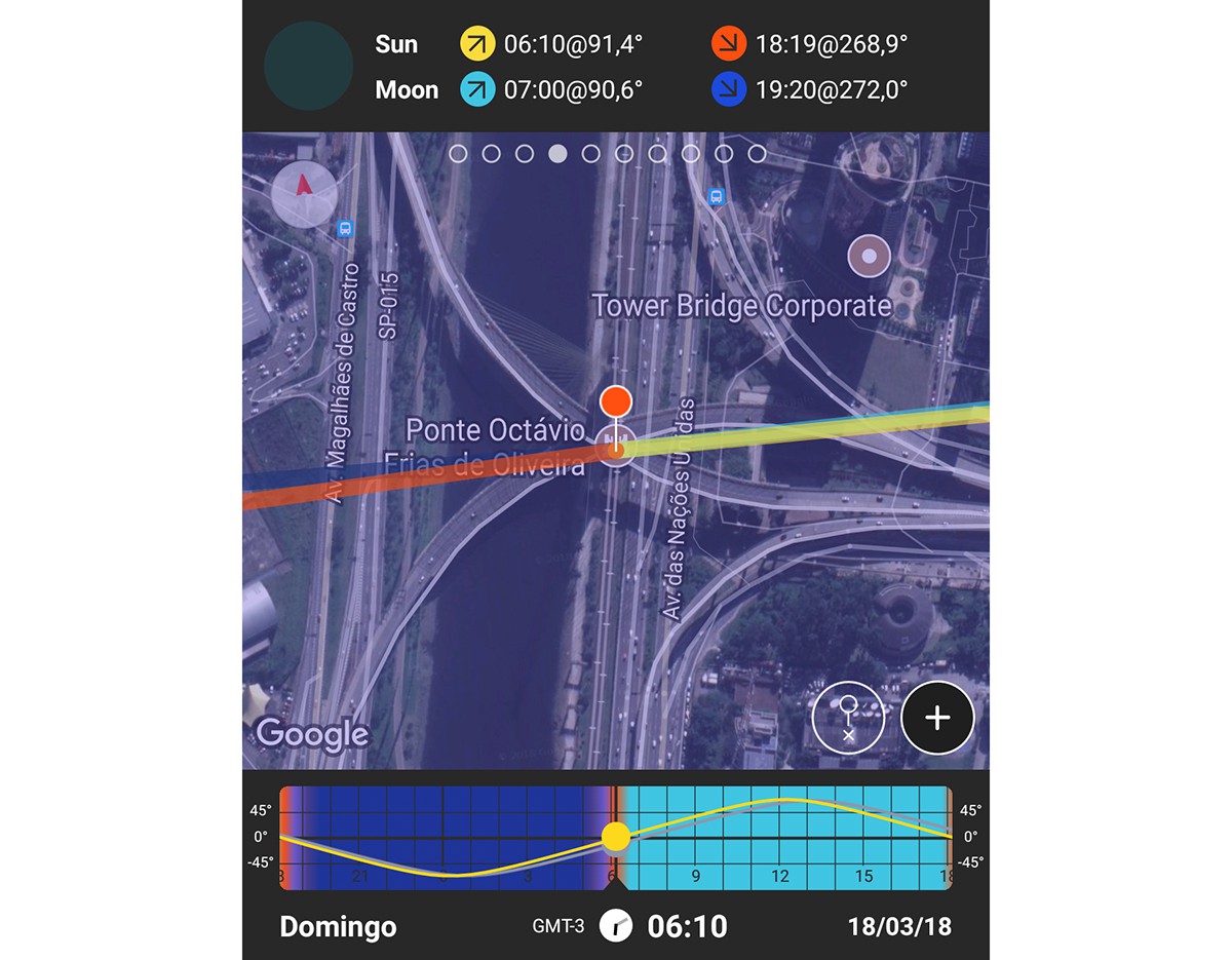 Printscreen from PhotoPills app showing when the sun and the moon will rise and set, and also their positioning at the indicated time.