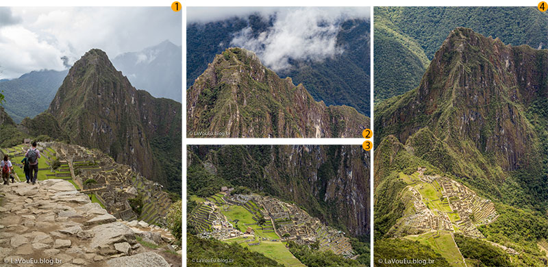 Vistas de Huayna Picchu e da cidadela. (1) Vista de praticamente na mesma altitude da cidadela; (2) e (3) Vistas do meio do percurso da subida da Montanha Machu Picchu; (4) Vista do topo da Montanha. Repare na mudança do ponto de vista, em (1) observamos o topo de Huayna de baixo para cima, na figura (2) vemos praticamente da mesma altura e em (4) vemos de cima para baixo.