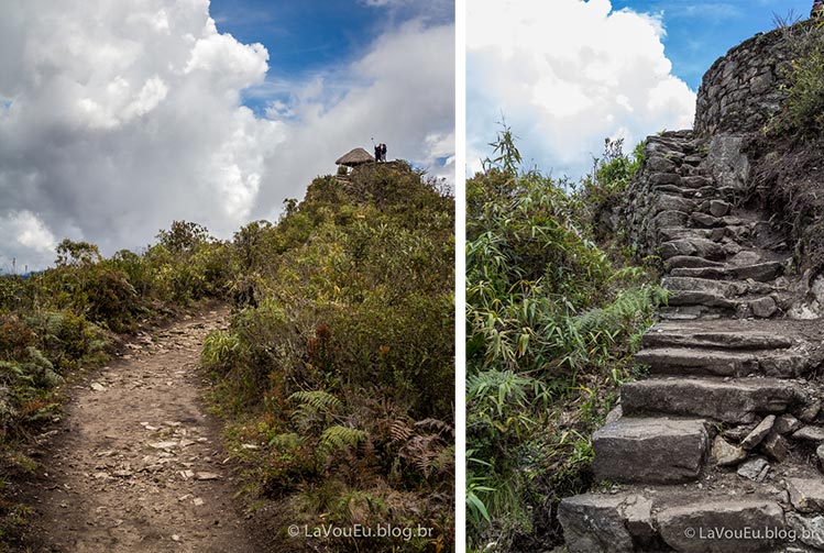 Olhá lá, uma cabana! Deve ter chegado! (esquerda); Mas ainda tem mais alguns degraus, os últimos... (direita)
