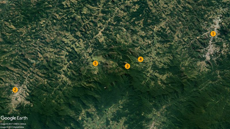 Três Picos and Vale dos Frades region. Nova Friburgo (1), Teresópolis (2), Três Picos (3), Refúgio Canto da Pedra (4), Vale dos Frades (5). This image is not mine, credits: Google Earth, Image &copy; 2016 DigitalGlobe, Image Landsat, Data SIO, NOAA, U.S. Navy, NGA, GEBCO, Image &copy; 2016 CNES/Astrium.